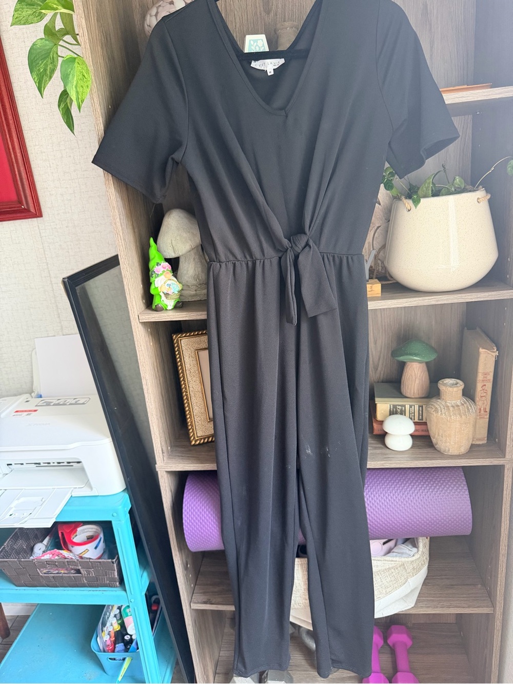 Classic Black V-Neck Tie-Waist Midi Dress
